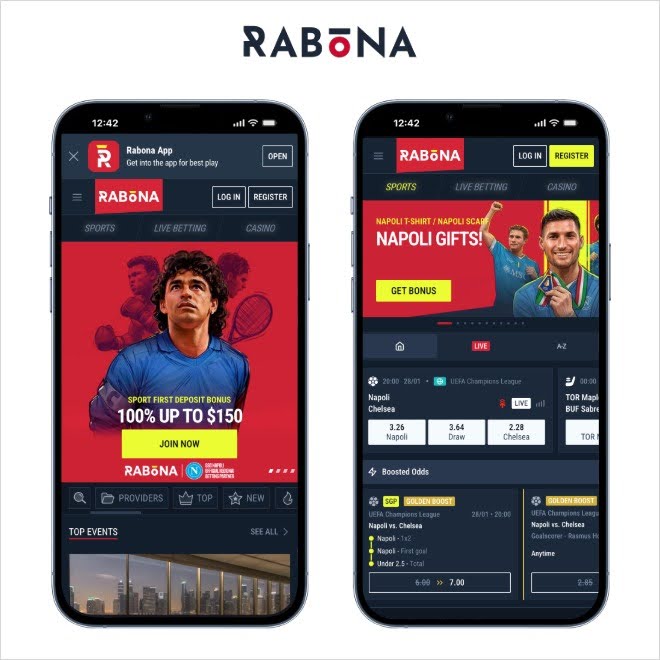 Rabona sportsbook homepage featuring international sports markets and extensive football betting options.